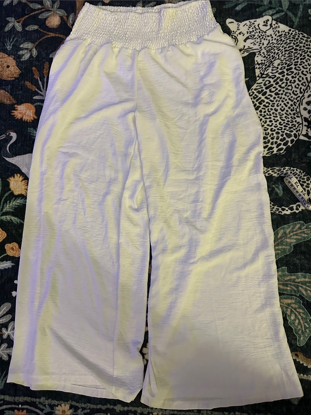 White Smocked-Waist Wide Leg Casual Pants